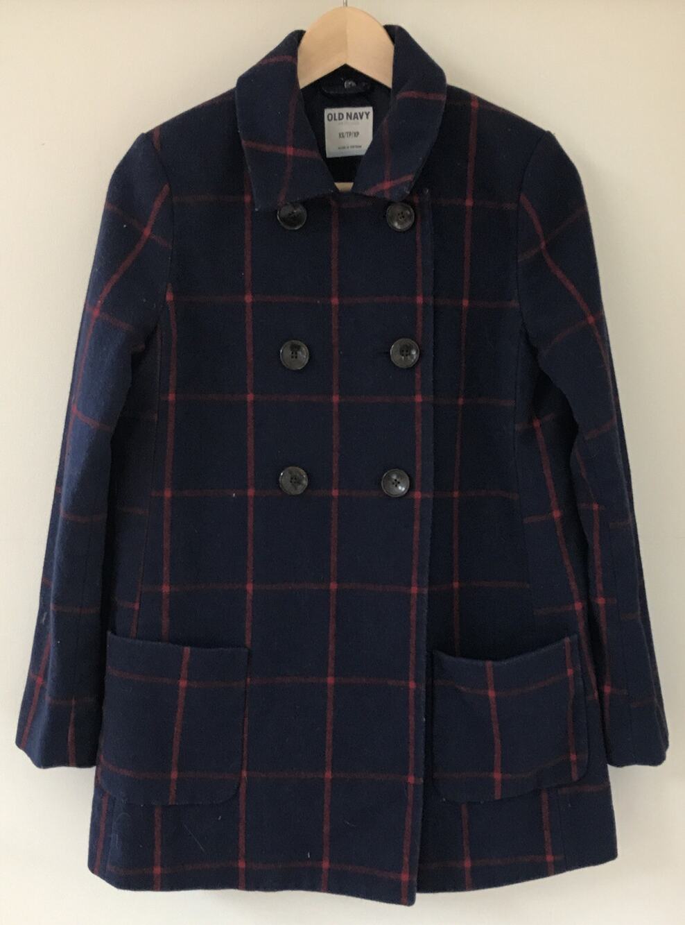 Old Navy Blue Red Plaid Double Breasted Wool Blend Pea Coat Peacoat XS 38"